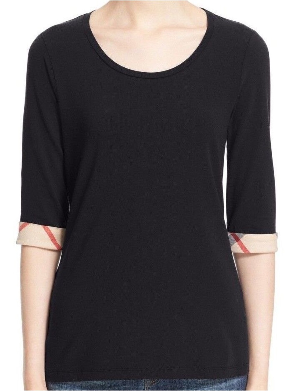 Burberry Brit Black Scoop Neck Long Sleeve Top with Signature Check Cuffs